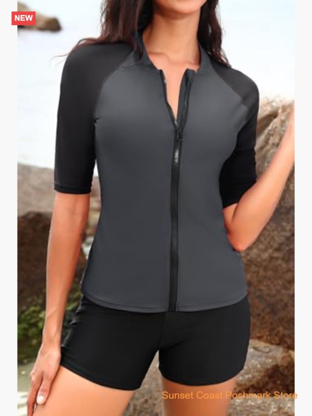 2 Piece Rash Guard Swimsuit with Shorts Full Zipper SPF Modest Swimwear - Picture 5 of 5